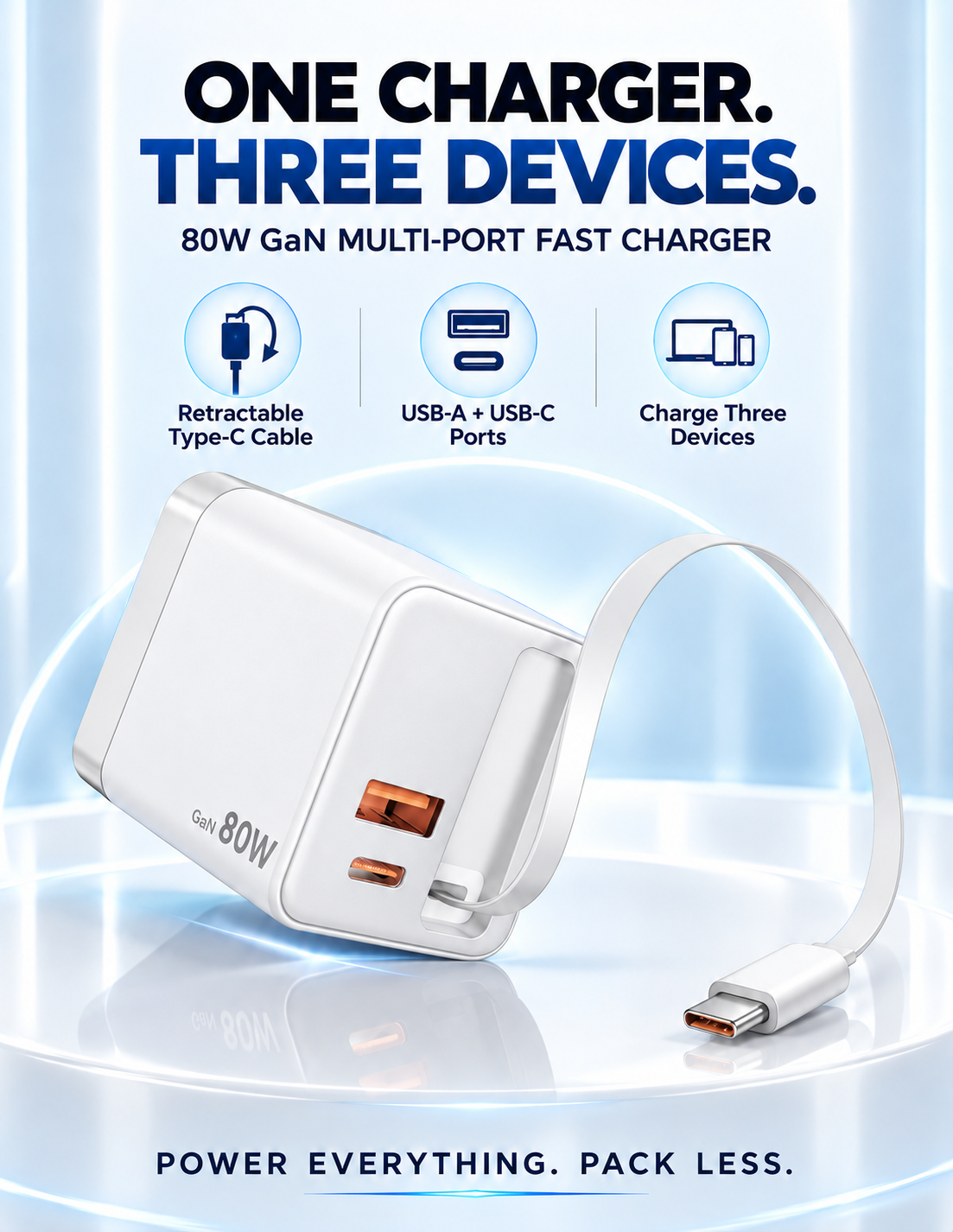 80W GaN Compact Wall Charger with Built-In USB-C Cable