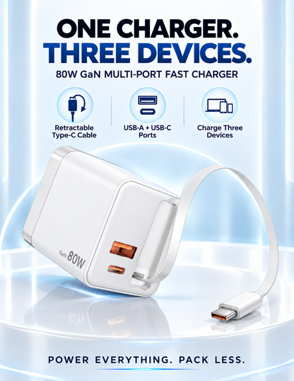 80W GaN Compact Wall Charger with Built-In USB-C Cable