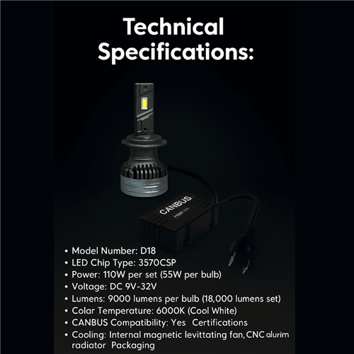 D18 H7 LED Headlight 55W Canbus Bulbs - Set of 2