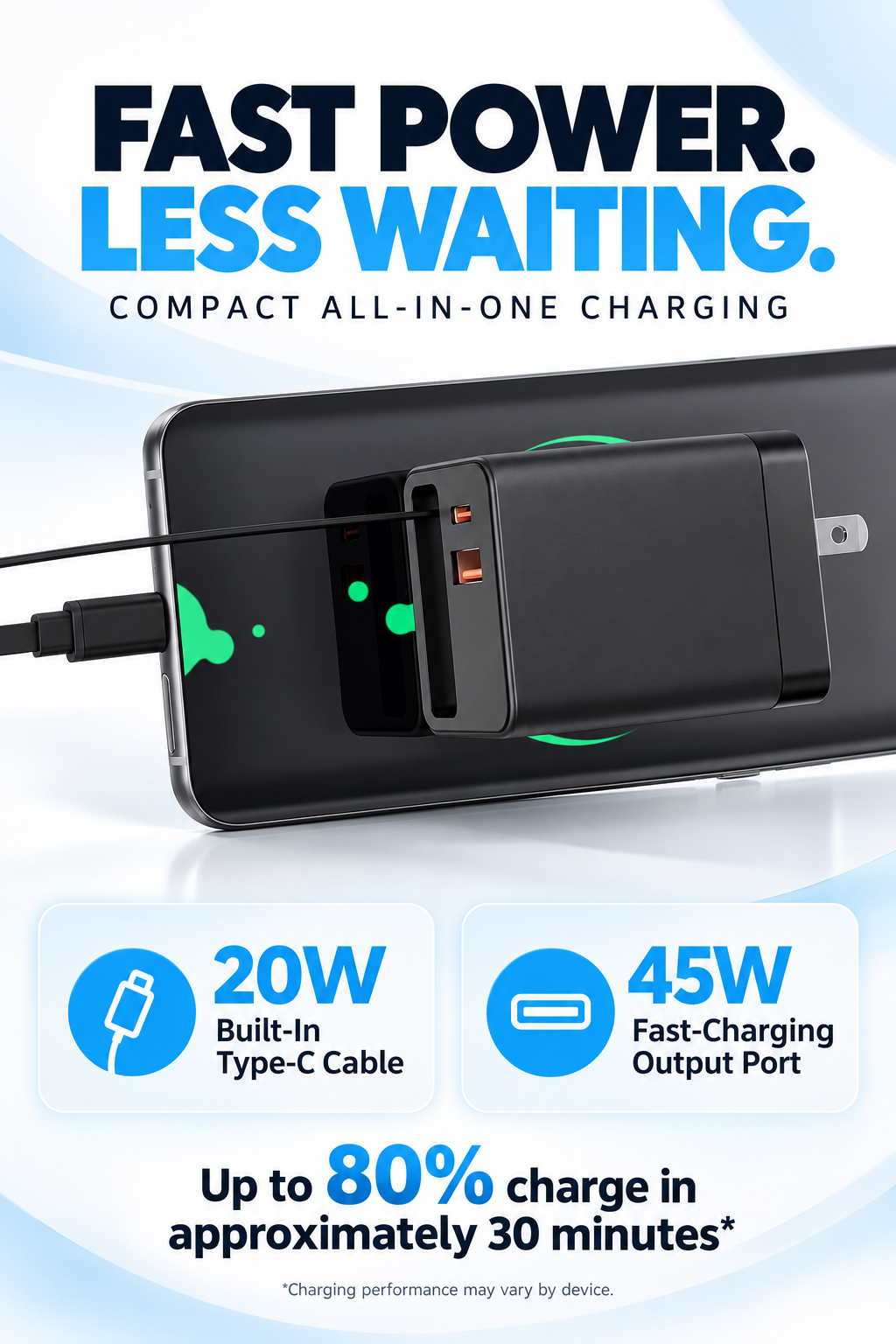 80W GaN Compact Wall Charger with Built-In USB-C Cable
