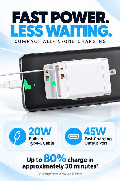 80W GaN Compact Wall Charger with Built-In USB-C Cable