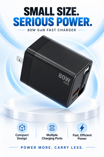 80W GaN Compact Wall Charger with Built-In USB-C Cable