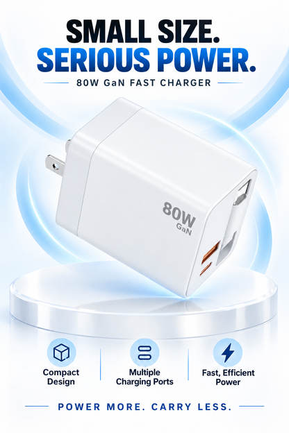 80W GaN Compact Wall Charger with Built-In USB-C Cable