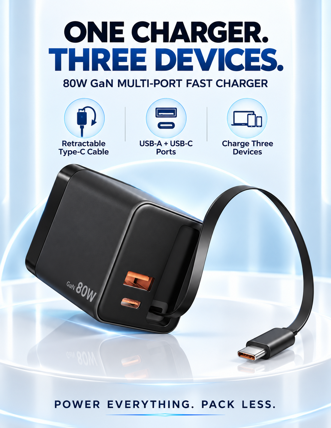 80W GaN Compact Wall Charger with Built-In USB-C Cable