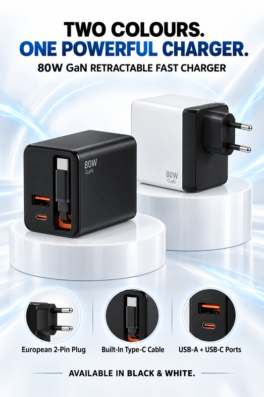 80W GaN Compact Wall Charger with Built-In USB-C Cable