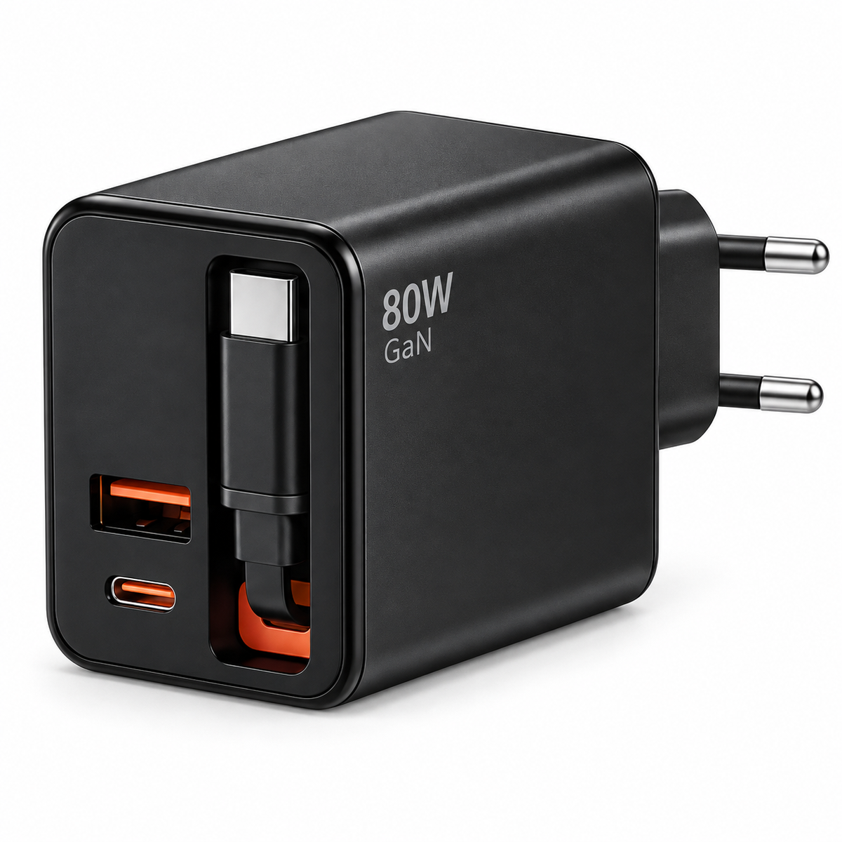 80W GaN Compact Wall Charger with Built-In USB-C Cable