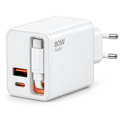 80W GaN Compact Wall Charger with Built-In USB-C Cable