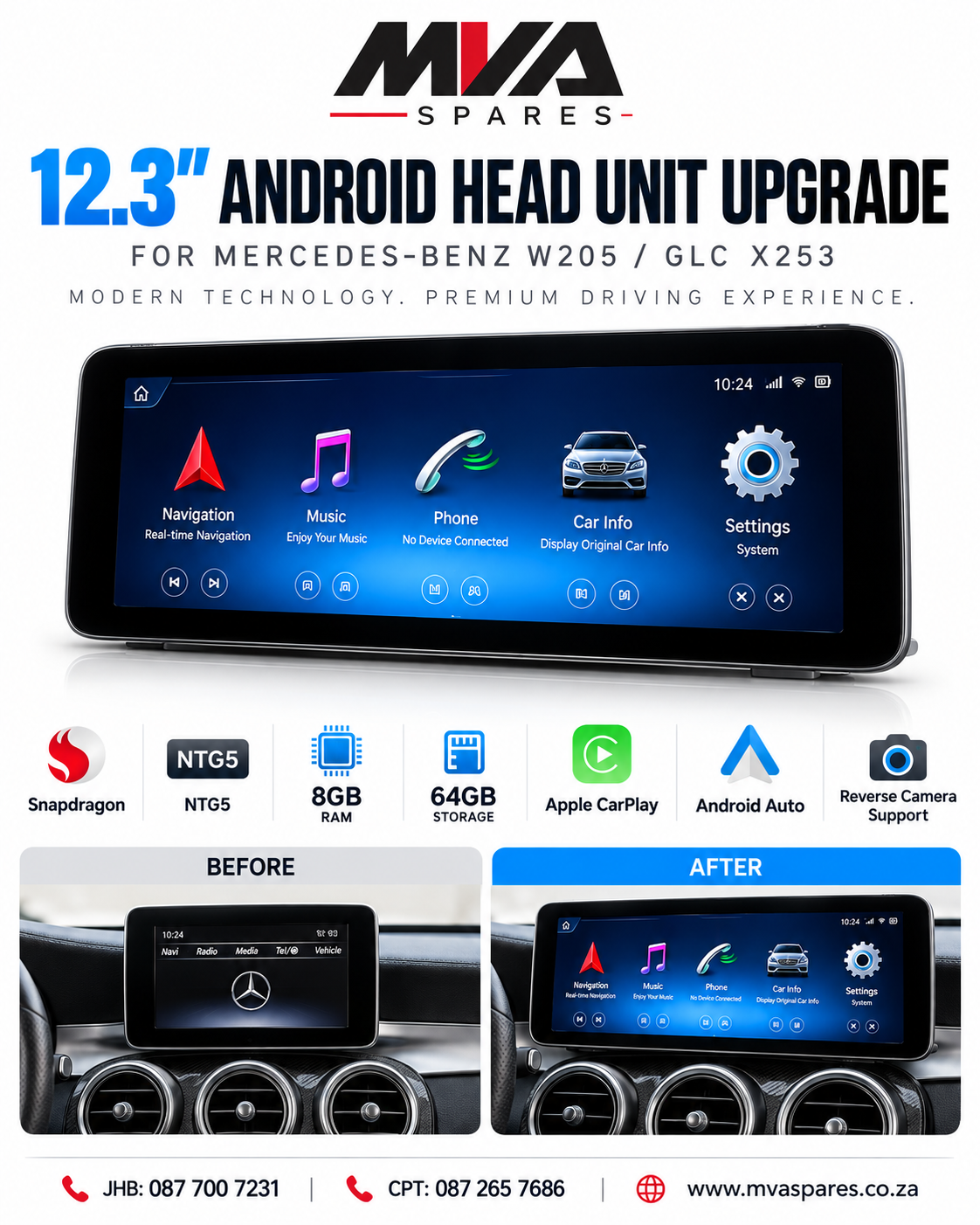 Mercedes W205 / X253 12.3" Snapdragon CarPlay Android Head Unit Upgrade NTG 5.0