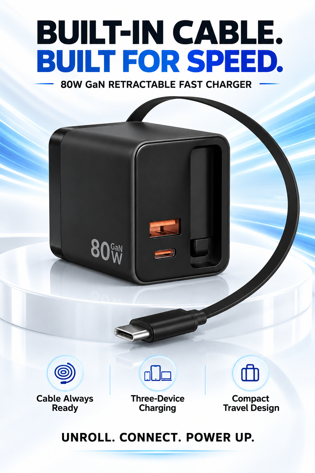 80W GaN Compact Wall Charger with Built-In USB-C Cable