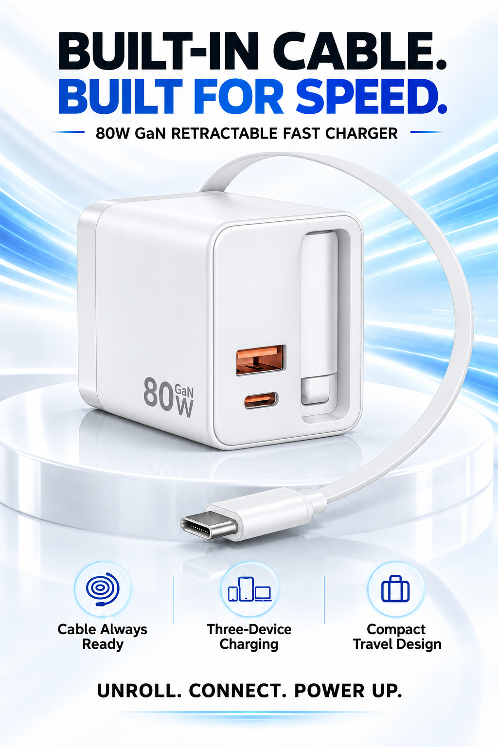 80W GaN Compact Wall Charger with Built-In USB-C Cable